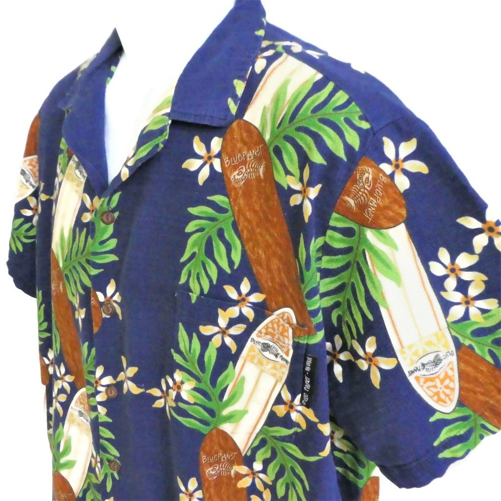 Barkcloth Blue Planet Hawaii Navy Shirt Surf Boards Floral Coconut Buttons XL